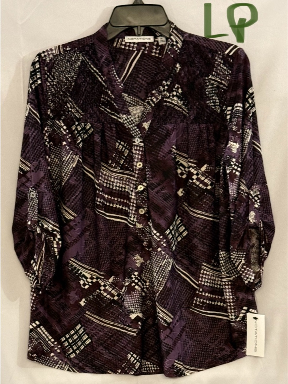 Notations Purple and Cream Patterned V-Neck Button Tunic